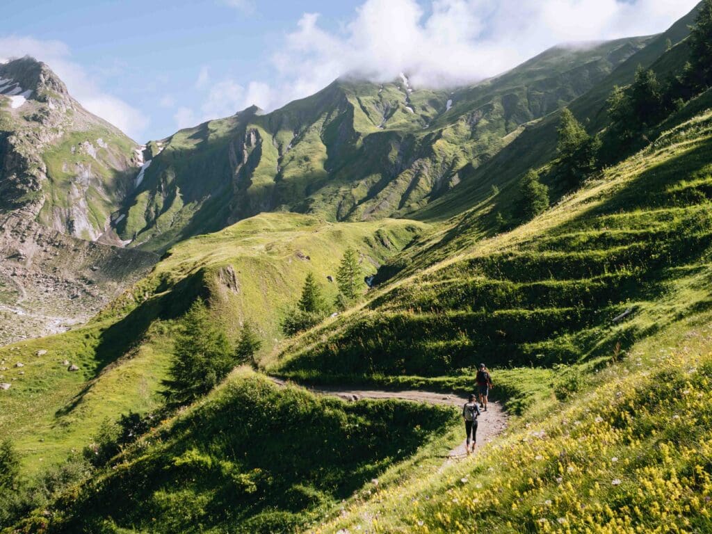 Groene en bergachtige landschappen tijdens de MTB Mont Blanc Rundtour